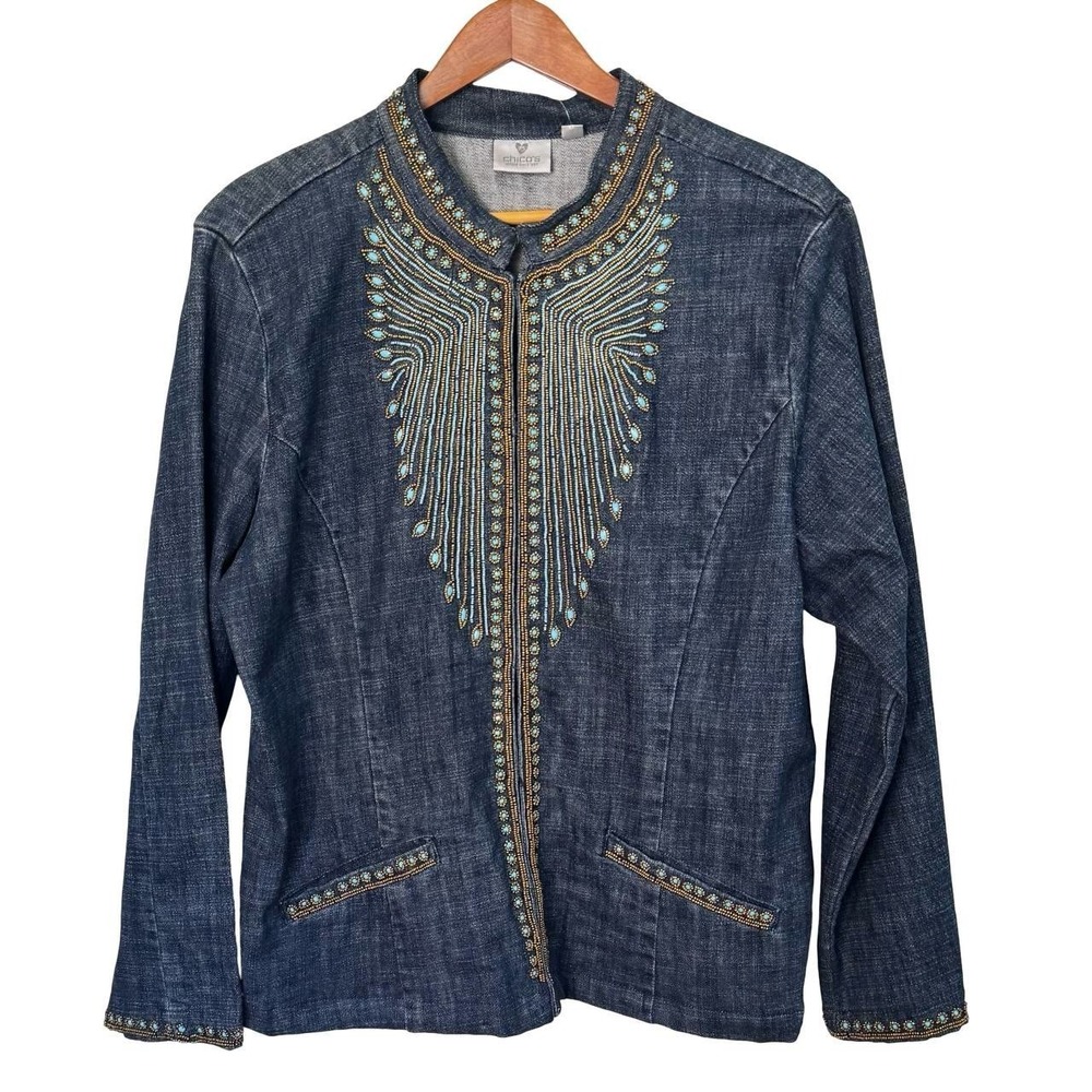 Chicos Denim Jacket Size 3 XL Turquoise Beaded Western Cowgirl Glam Boho NWT